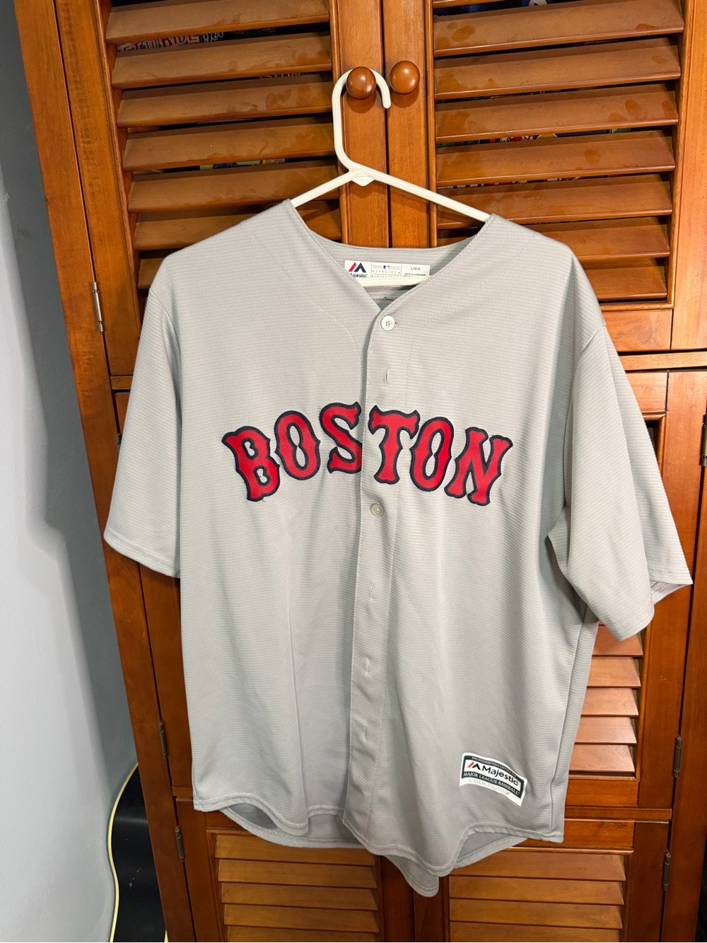 Majestic Grey Baseball Jersey with Red Boston Script
